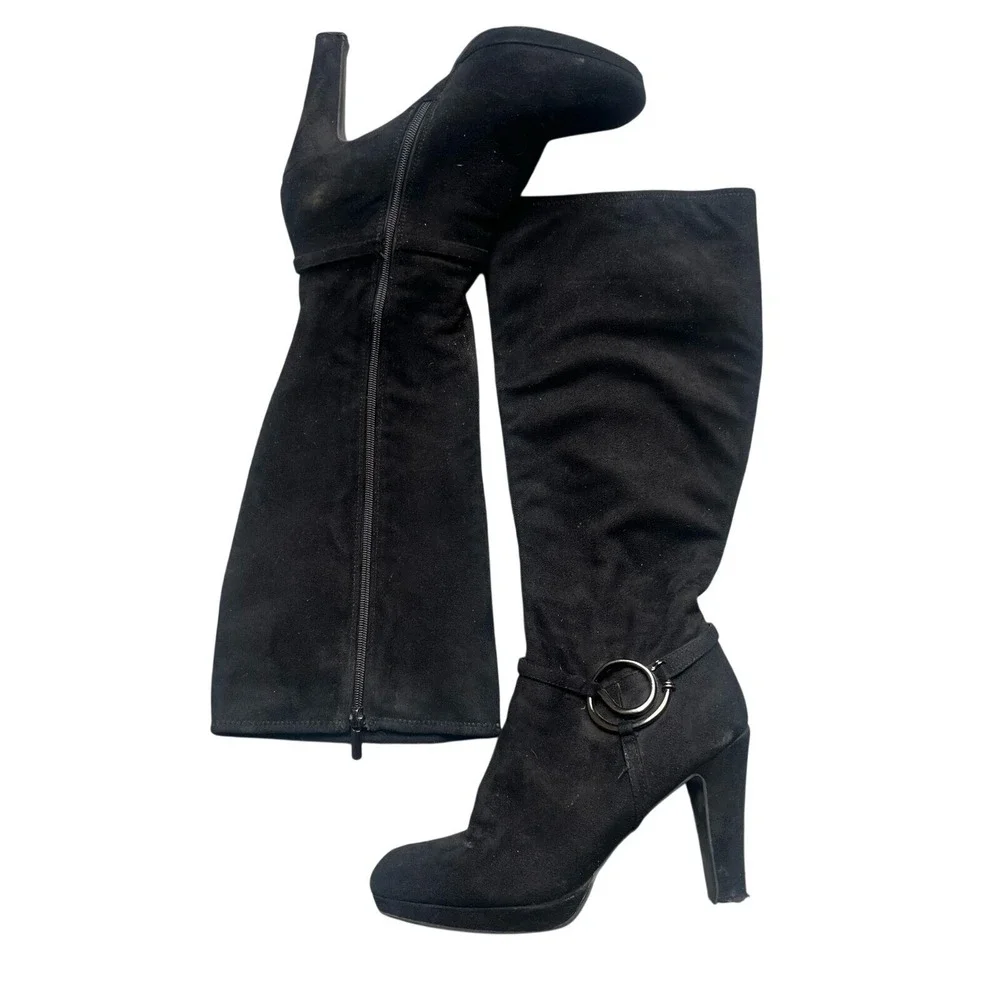 Impo Black Stretch Suede‎ Over-The-Knee Heeled Boots Size 10 Block Heel Y2K